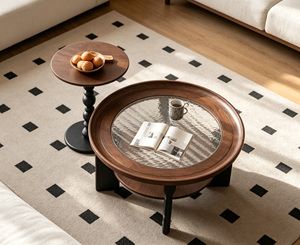 New Arrival Round Two-Tier Solid Wood Coffee <b>Table</b> Wavy Textured Glass Top Block Leg Living Room Storage Tea <b>Table</b> - Product Image 1