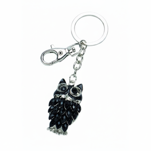 Portachiavi in vetro a forma di gufo nero con occhi di cristallo e catena per borse o chiavi - Product Image 2
