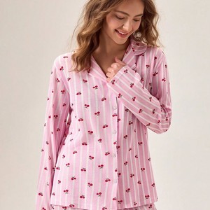 Ensemble de pyjama en coton rayé rose pour femmes, imprimé, manches longues, vêtements de nuit doux, vêtements de détente, pyjama femme, vente en gros - Product Image 1