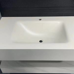 Lavabo individual curvo blanco puro clásico moderno, encimera de lavabo integrada de losa de roca sin costuras con escurridor para Baño - Product Image 2