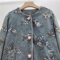Jaket Denim Wanita Grosir Musim Semi 2026, Berhias Bunga Payet Manik-Manik, Tanpa Kerah, Trim Pink, Leher Bulat, Pendek, Retro Vintage
