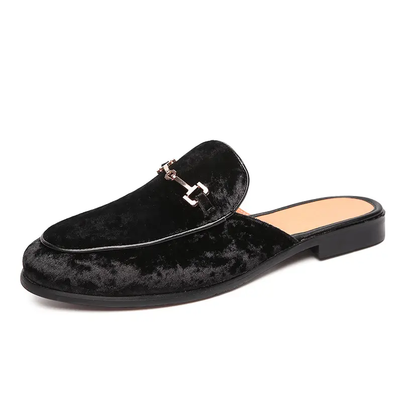 2021 casual fancy outdoor male blue black velvet leather slip on italian mules dress loafers half slippers shoes for mens