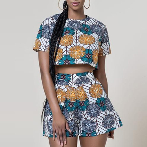 2019 Africaine Short femme Costume <span class=keywords><strong>2</strong></span> Pièces Vêtements Ensemble 100% coton africain cire imprime tissu - Product Image 1