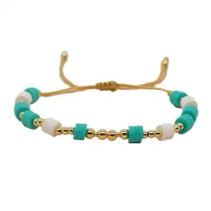 Estilo bohemio, colores surtidos, arcilla polimérica, cuentas de oro, pulsera trenzada hecha a mano para mujer