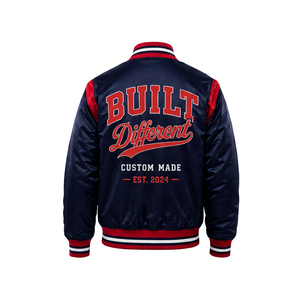 Custom OEM Satin Varsity Bomber Jacket <b>Waterproof</b> Breathable Embroidery Front Stand Collar Unisex Streetwear <b>Winter</b> <b>Coat</b> 100% - Product Image 1
