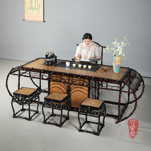 Bamboo Tea Table Set Lacquered Woven Chinese Style Oblong Restaurant Table With Chairs - Product Image 1