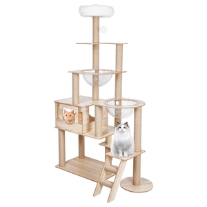 Árbol rascador moderno para gatos con hamaca, de madera y algodón, embalado en cartón, estructura de escalada para interiores. - Product Image 1