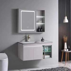 Meuble-lavabo mural design moderne personnalisé avec vasque simple en céramique, miroir LED, panneau mélaminé écologique et construction en MDF - Product Image 3