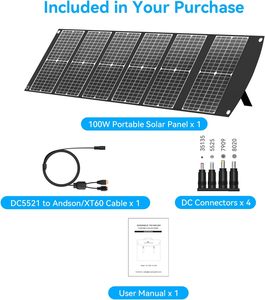 Panneau solaire portable 100W extrêmement léger, compact et pliable avec USB QC3.0, Type-C PD3.0, Anderson et XT60 DC 20V - Product Image 1