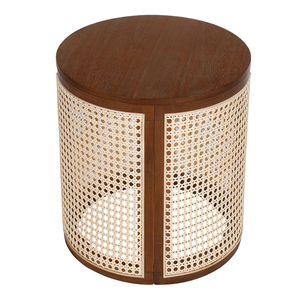 Round End Table Hollow Woven Rattan Wood Top Small Side Table For Living Room - Product Image 5