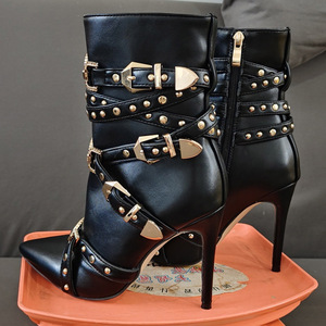 Women Stiletto Thin Heels Short <b>Boots</b> Big Size 47 Metal Decor Buckles Shoes Wide Fit Cross Belt Straps Booties - Product Image 5