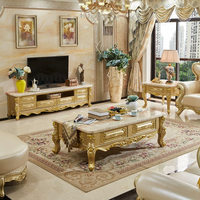 Ensemble Table Basse et Meuble TV en Marbre Européen et Bois Massif, Table à Thé Dorée de Luxe, Meuble Bas Français pour Salon