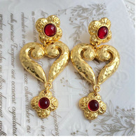 Boucles d'oreilles pendantes en alliage de luxe vintage pour femmes bijoux de déclaration de texture martelée creuse de coeur d'amour à la mode