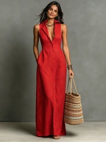 Robe d'été décontractée mi-longue pour femmes, sans manches, col rabattu, couleur unie, coupe ample, tenue de plage bohème à la mode