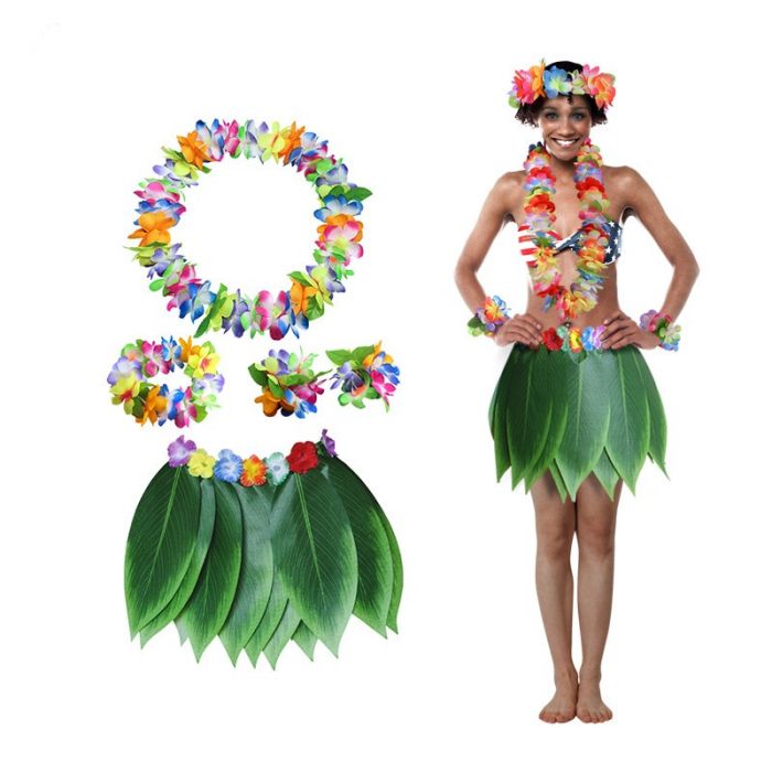 Adult Kids Leaf Hula Skirt And Hawaiian Leis Set Grass Skirt With Artificial Hibiscus Flowers For Hula Costume And Beach Party