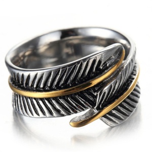 Vintage Retro Black Gold Plated Feather Leaf <b>Open</b> Stainless Steel Adjustable <b>Ring</b> for Women Men - Product Image 3