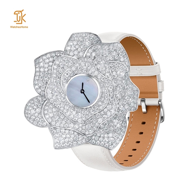 Fancy Fashion White Quartz Mossanite Jewelry Watch Stainless Steel Back Genuine Leather Quartz Watch Women Customized Suppliers