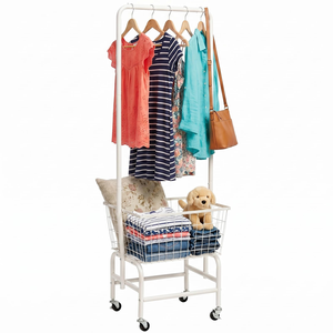 Korean Style Multifunction White Metal Coat Rack With Lockable Wheels Standing Garment Rack With <b>Storage</b> Baskets in <b>Small</b> Place - Product Image 1