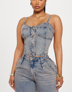 Ensemble 2 pièces en <span class=keywords><strong>jean</strong></span> sexy pour femme : bustier, top tube, <span class=keywords><strong>jean</strong></span> taille haute à jambes larges, tenue streetwear assortie en coton, débardeurs personnalisés - Product Image 2
