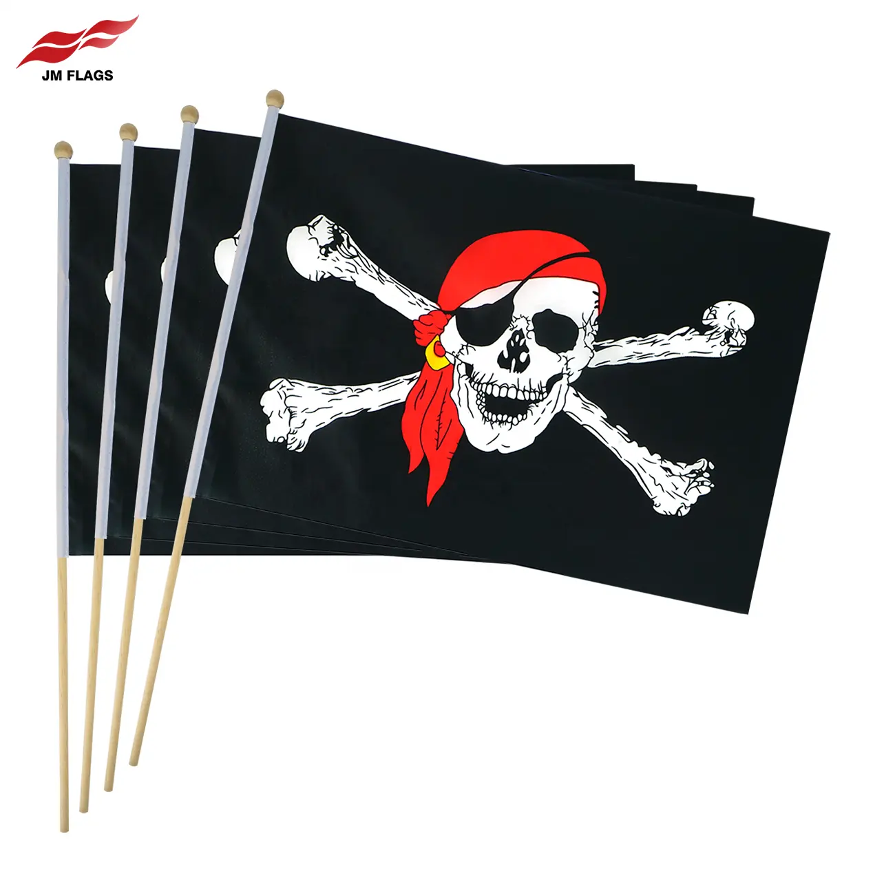 Grosir 11.8*17.7 inci Jolly Roger Stick bendera pesta Halloween dekorasi kustom tulang bajak laut tangan bendera