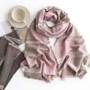 Wholesale heather pink checked brushed custom cozy warm women winter cashmere shawl scarf pashmina