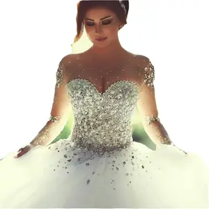 Gaun Pengantin Renda Berlian Lengan Panjang Kekasih Pedreria Para Vestidos De Novia Gaun Pernikahan 2019