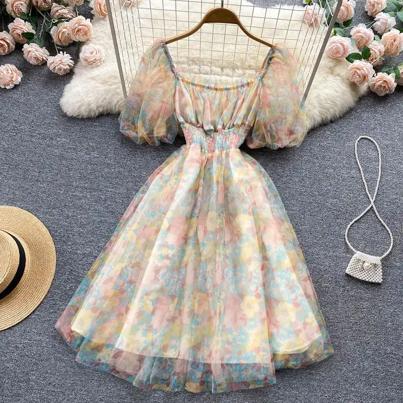 Summer Sweet Pretty Square Collar Puff Sleeve Net Yarn Floral Chiffon Dress Women Elegant Party A-Line Princess Dresses Girls