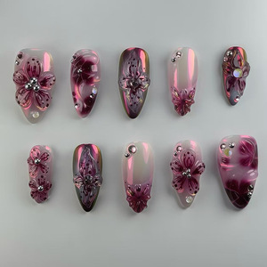 Hormona de uñas hecha a mano <span class=keywords><strong>verde</strong></span> francés 3D flor tallada prensa reutilizable de alta calidad en uñas al por mayor - Product Image 1