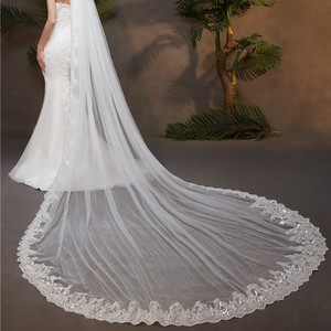 Voile de mariée cathédrale en tulle long et doux, brodé de dentelle, 100% polyester, fait main, nouveau design RESV10, faible MOQ - Product Image 2