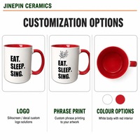 Cangkir Kopi Keramik 11oz dengan Lapisan Mengkilap, Warna Putih Merah, Gagang Tebal, Cetak Teks, Logo Kustom, Grosir untuk Rumah dan Dapur