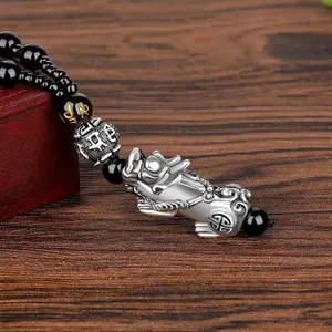 Vintage Silver Plated Lucky Pixiu Pendant Necklace Chinese Traditional Jewelry Vintage Thai Silver Buddhist Beads Pixiu Necklace