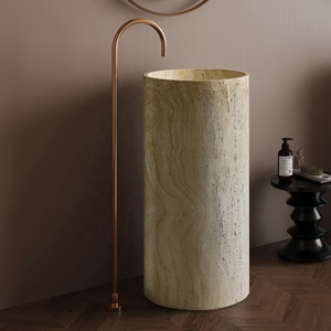 Lavabo de Baño Independiente Estilo Wabi Sabi - Lavabo <span class=keywords><strong>con</strong></span> <span class=keywords><strong>Pedestal</strong></span> de Piedra Artificial Artística de Travertino Amarillo - Product Image 2