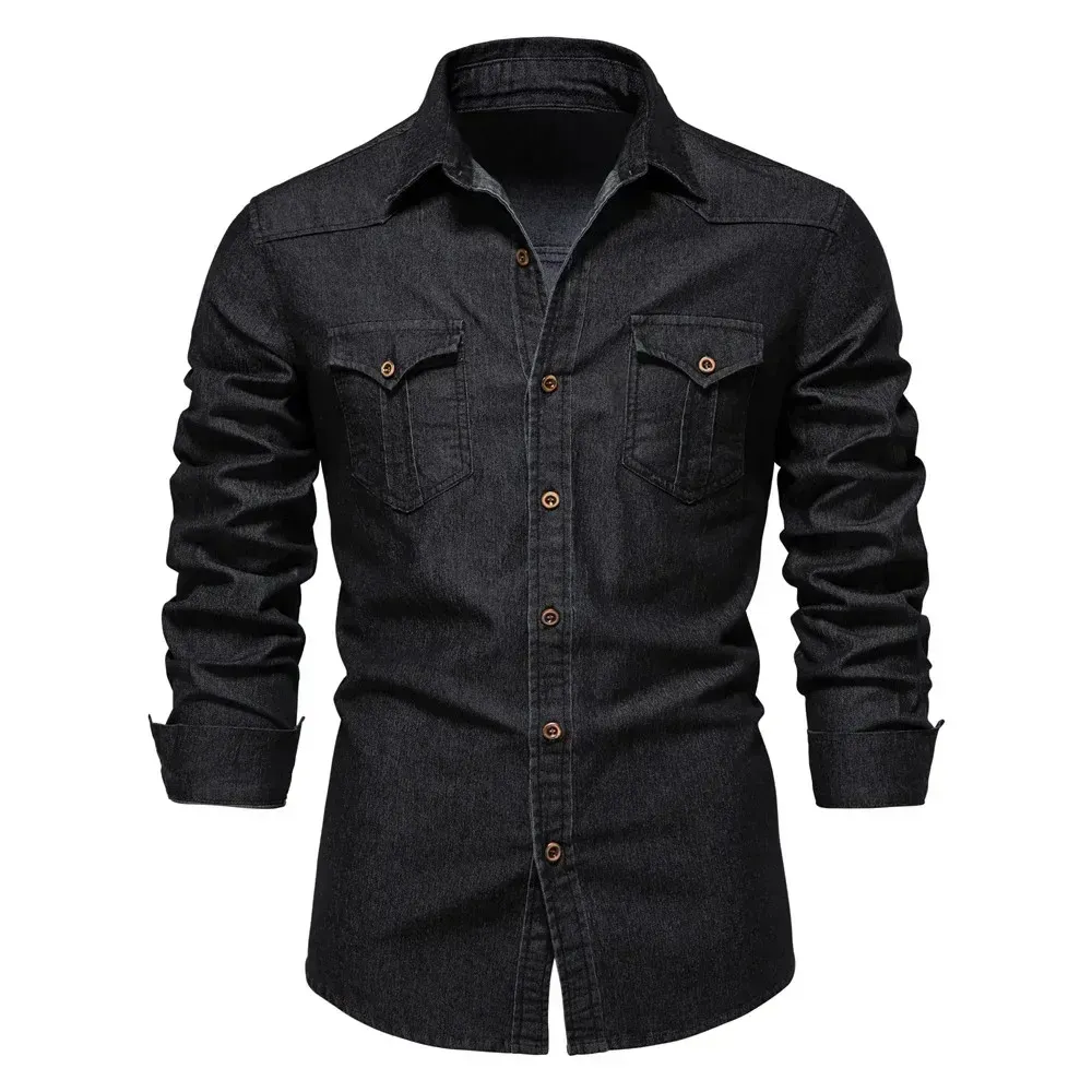 Chemise en jean élastique en coton Chemises de cow-boy de qualité à manches longues pour hommes Vêtements de créateurs décontractés et ajustés pour hommes