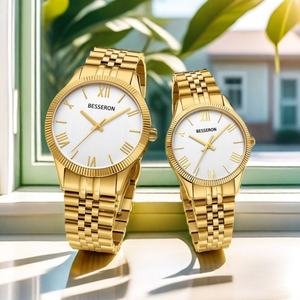 Montres à quartz pour femmes B1 Original Japan Movt 24K Gold Trend Design avec bracelet en acier inoxydable et cuir, calendriers, par le fabricant - Product Image 1