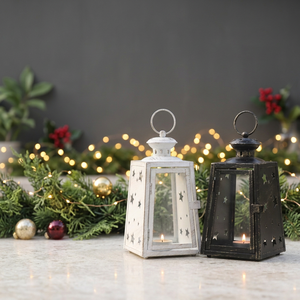 Lanternes à bougies en métal blanc et noir en gros avec découpes en forme d'étoile pour la décoration de Noël à la maison - Product Image 2