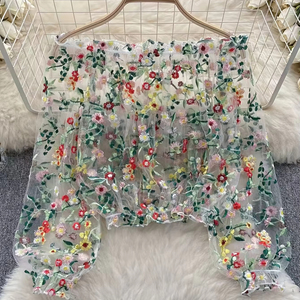 Camicette da <span class=keywords><strong>donna</strong></span> in <span class=keywords><strong>lino</strong></span> per la primavera estate Casual maniche a sbuffo camicie di pizzo con motivo geometrico all'ingrosso top vestiti - Product Image 1