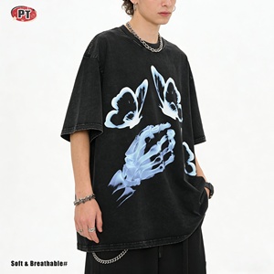 Camiseta de Manga Corta para Hombre, Estilo Americano Vintage, Lavado Desgastado, Impresión DTG de Mariposas, Transpirable, de Algodón que Absorbe la Humedad - Product Image 1