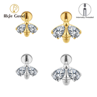 Cincin Labret Titanium Ulir Dalam Model Bee Double Drop CZ Wings, Anting Stud Flat Back untuk Tulang Rawan, Conch, Helix, Piercing Bibir