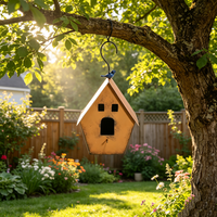Maison à oiseaux vintage suspendue en métal OEM ODM avec figurine d'oiseau, décoration en fer résistante aux intempéries pour patio et jardin