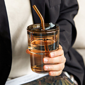 <strong>Custom</strong> Clear Blank Drinking Black Brown Tumbler Borosilicate Reusable Travel Coffee Glass Mug Cup With Glass Straw and Lid - Product Image 1