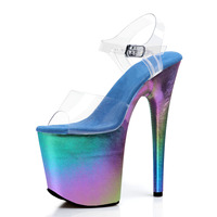 Chaussures de pole dance sexy à talon fin, plateforme colorée dégradée bleue, 20 cm, avec bride transparente à la cheville, modèle pour crossdresser