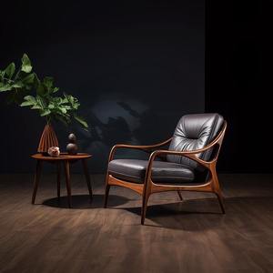 Sillón Moderno de Cuero Negro con Estructura de Madera Distintiva, Asiento Elegante y Estilizado para el Hogar, Oficina, Hotel, Sala de Estar - Product Image 2