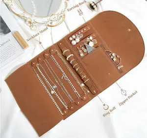 Custom Logo Pu Leather Velvet Linen Foldable Travel Jewelry Organizer Roll Bag For Ring Earring Necklace