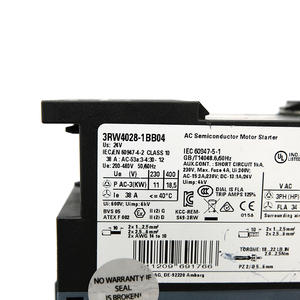 Nuevo arrancador suave 3RW4028-1BB04 - Marco S0 IP20 con bypass integrado 38A para automatización AC, de plástico - Product Image 1