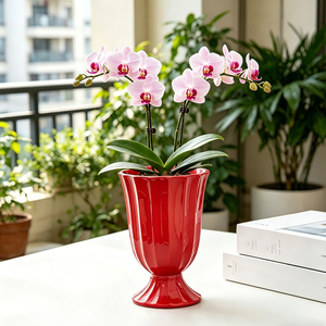 Nouveaux pots à fleurs en céramique <span class=keywords><strong>rouge</strong></span>, grands et modernes, décorés en relief, <span class=keywords><strong>sur</strong></span> <span class=keywords><strong>pied</strong></span> haut, pour la décoration de la pièce et de la table à manger - Product Image 4