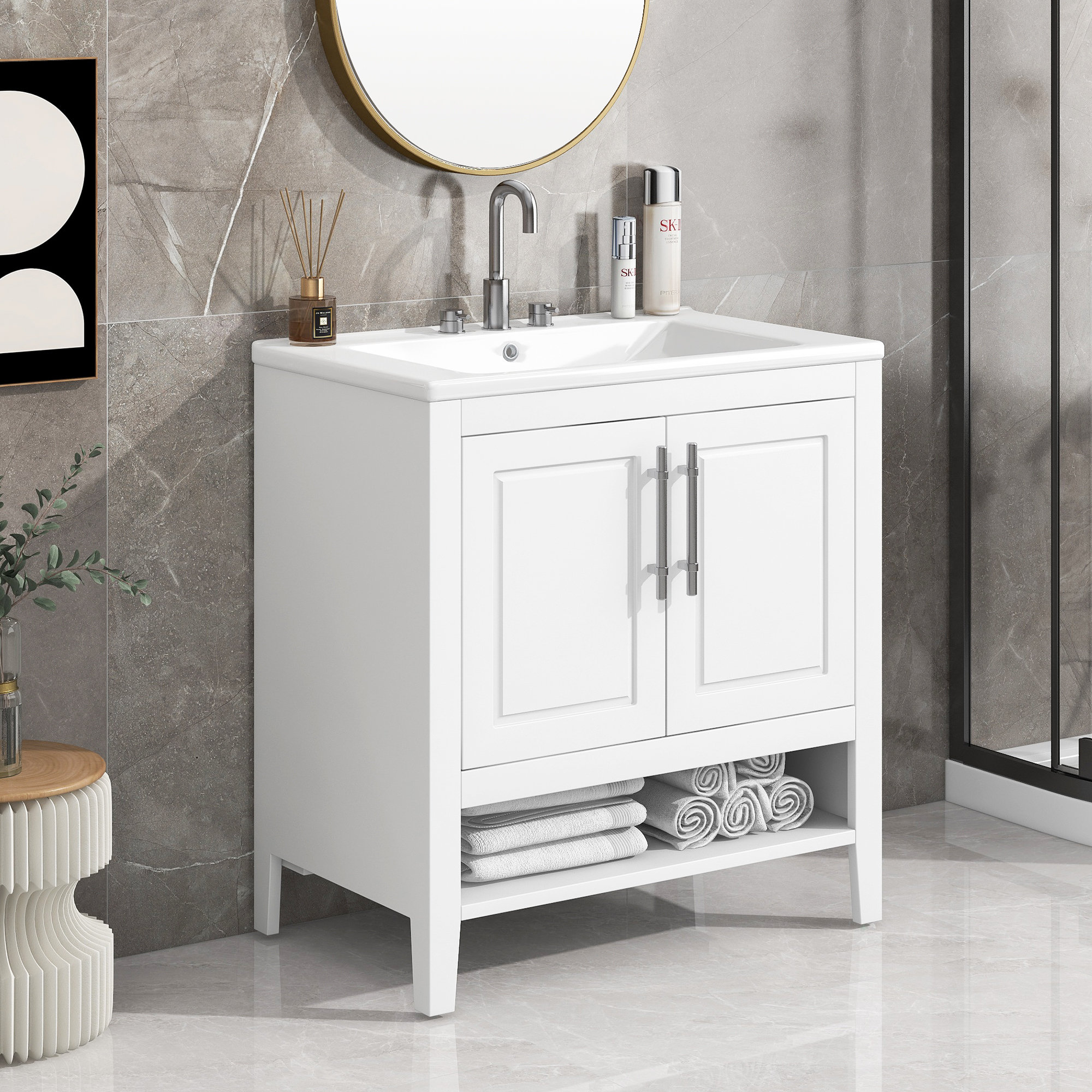 75cm phòng tắm màu trắng Vanity với bồn rửa đơn kết hợp Tủ lưu trữ đa chức năng hiện đại với 2 cửa