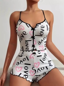 Conjunto de Pijama Feminino de Malha Canelada com Estampa de Corações Fofos e Bainha Franzida, Macio, para Adolescentes - Product Image 2
