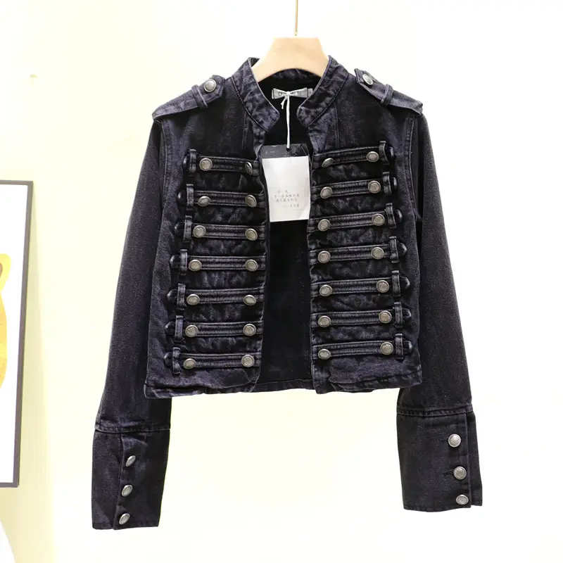 Women Hot Sale Black Jean Jacket Casual Loose Ladies Solid Coat Splicing Doubbreasted Clothes