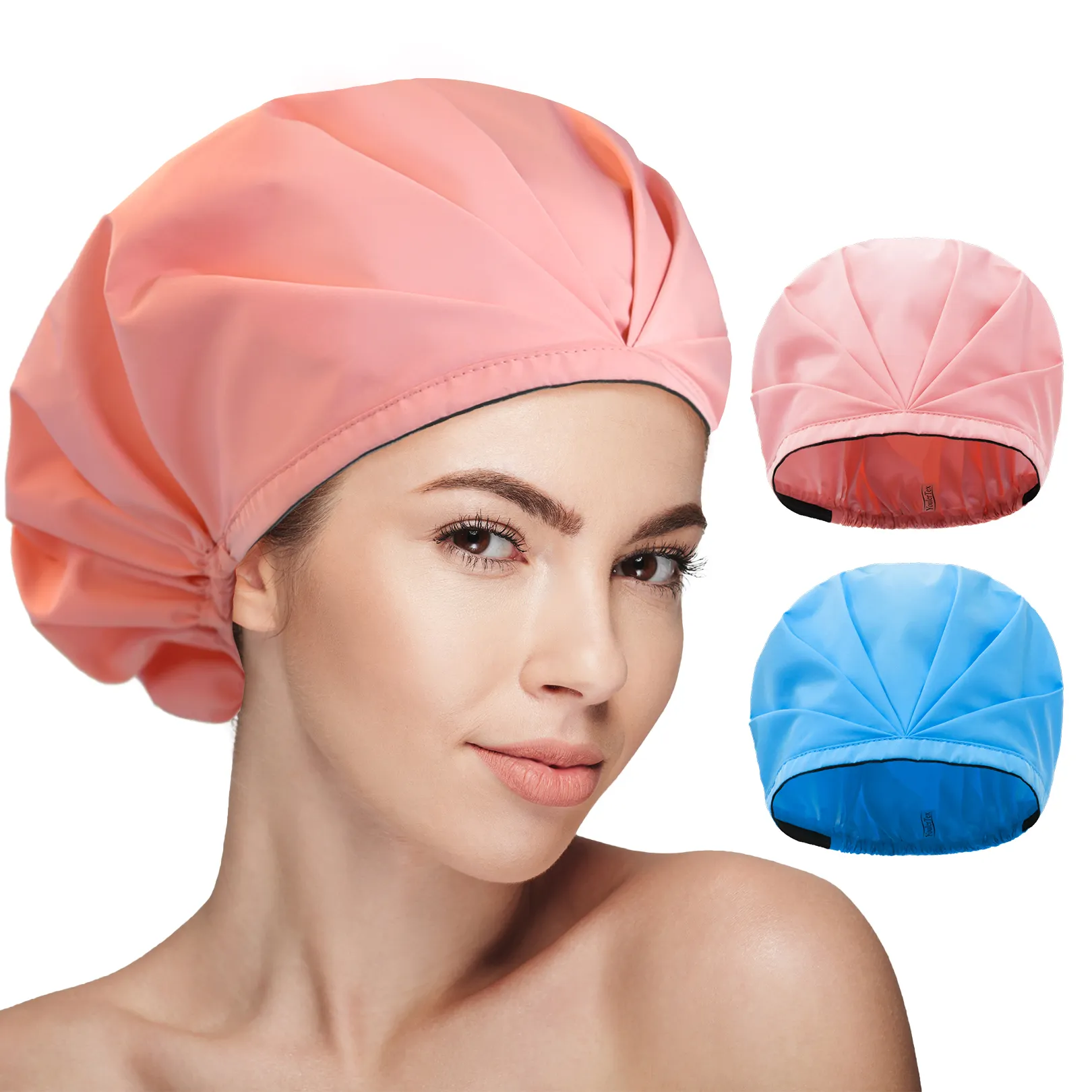 Custom Designer Double Layers Elastic Reusable Bathing Hair Ladies Spa Salon bath caps Waterproof Shower Caps for Women