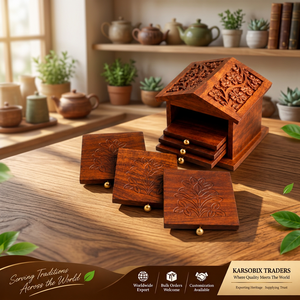 <b>Wooden</b> Square Classic Design Handcrafted Reusable Non-Slip <b>Tea</b> Coasters Storage <b>Box</b> Eco-Friendly Mats Set for Home Restaurants - Product Image 3